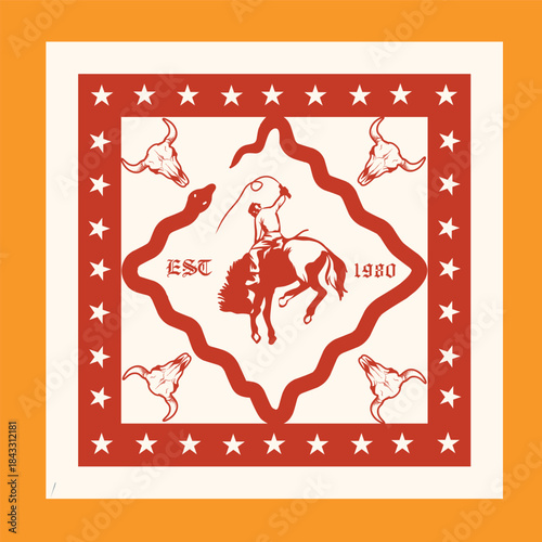 Bandana Fashion Design with Wild Western Element, Bison Head, Cowboy and Snake, Perfect for Print, Apparel, etc