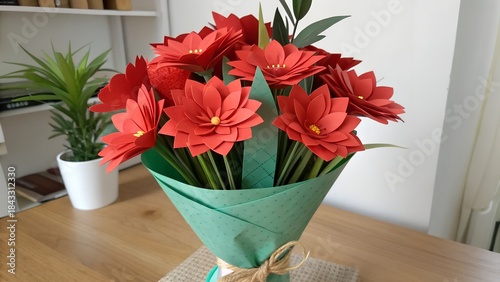  Tulips made with paper in a green paper bouquet.