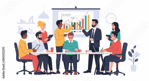 Diverse group of business people in a meeting discussing strategy and data analysis in the office