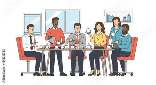 Diverse group of business people enjoying a coffee break during a collaborative meeting indoors