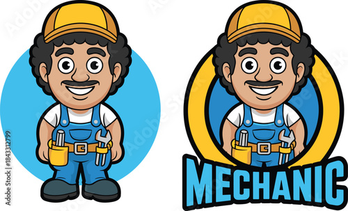 Friendly male mechanic mascot with curly hair and mustache in blue overalls and yellow cap for automotive repair and maintenance service branding vector