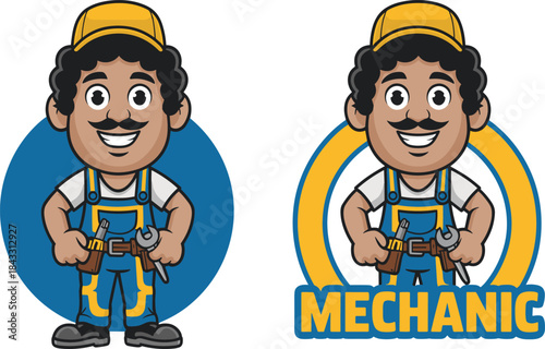 Friendly male mechanic mascot with curly hair and mustache wearing blue overalls and yellow cap for automotive repair and maintenance service branding vector