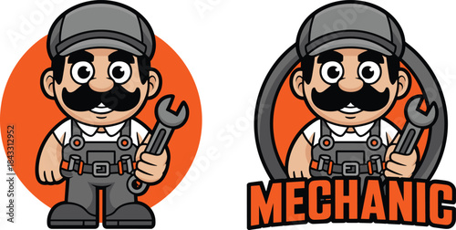 Friendly male mechanic mascot with black mustache in grey work overalls and cap holding a wrench for automotive repair shop branding vector