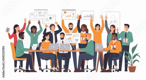 Diverse group of business people celebrating success with raised hands and gifts in an office