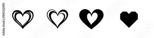 Set of black heart icons featuring hand drawn line art and solid shapes isolated on white background ideal for love romance valentine branding and graphic design