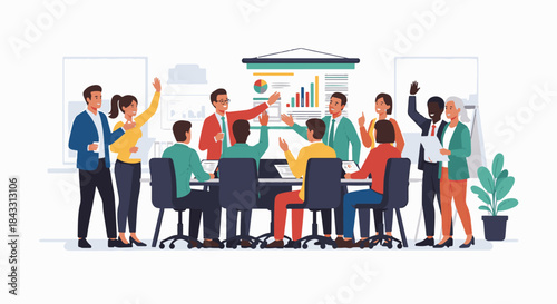 Diverse group of business people attending a presentation in an office meeting room.