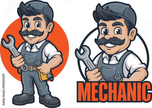 Friendly male mechanic mascot with black mustache in grey work overalls and cap holding large wrench for automotive repair shop branding vector