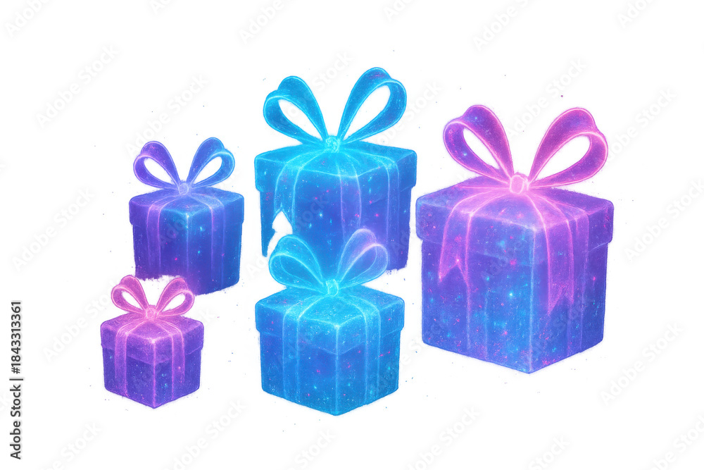 Obraz premium Glowing cosmic gift boxes with neon ribbons, a magical present concept for celebration and surprise, transparent background