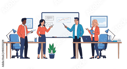 Diverse business team presenting and discussing ideas in a modern office environment