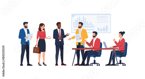 Diverse Business Team Members Collaborating in a Meeting with Presentation Graphics Displayed