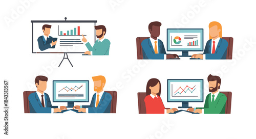 Diverse business team members collaborating on financial data and presentations with technology