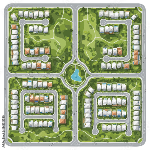 Urban Blueprint: An aerial perspective showcases a meticulously planned residential community, demonstrating a modern approach to urban development, featuring a harmonious blend of homes, streets.