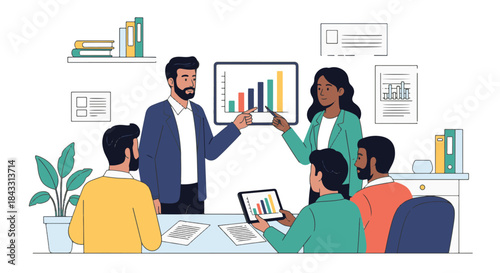 Diverse business team members collaborating during a presentation with a growth chart illustration
