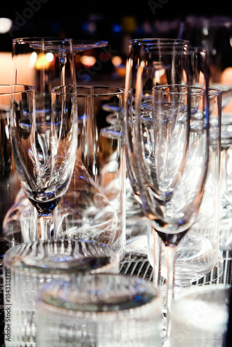  Closeup image of Glassware on bar counter in restaurant.