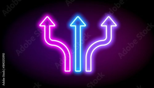 Neon arrows glowing in purple and blue colors on dark background showing direction and choice concept