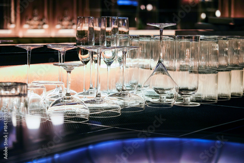  Closeup image of Glassware on bar counter in restaurant.
