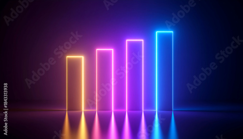 Neon glowing bar chart with four colorful vertical pillars reflecting on shiny surface in dark room