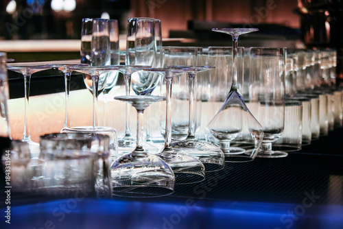  Closeup image of Glassware on bar counter in restaurant.