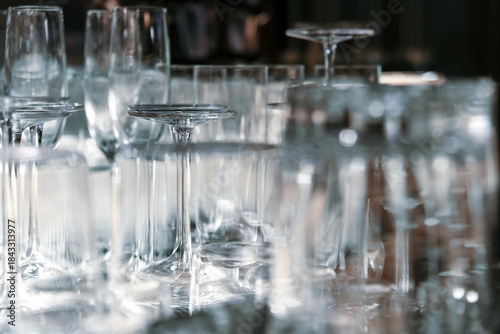  Closeup image of Glassware on bar counter in restaurant.