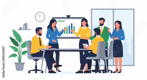 Diverse business team collaborating in a modern office setting during a presentation