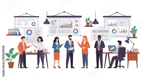 Diverse business team collaborating in an office environment with charts and presentations