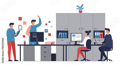 Colorful office illustration depicting teamwork and collaboration among professionals at work