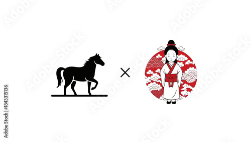 Black horse silhouette and Japanese woman in kimono vector illustration for branding and design