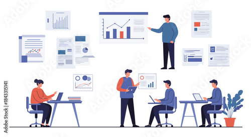 Colleagues working together in an office with charts, graphs, and presentations