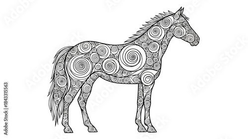 Intricate horse illustration with swirling patterns a unique artistic design element for creative pr