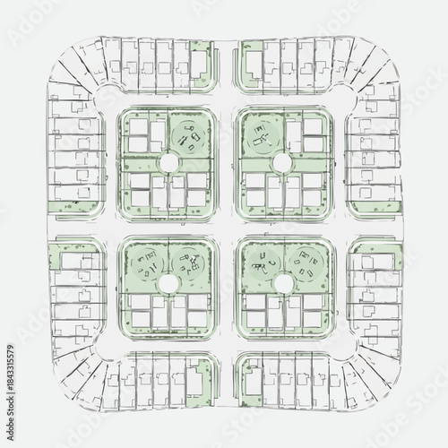 Urban Landscape Top-Down View: A meticulously designed urban landscape from an aerial perspective, with an array of interconnected buildings and green spaces.
