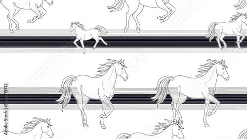 Seamless pattern of running horses minimalist line art illustration for equestrian themes fabric pri