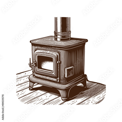Vintage wood burning stove with chimney on wooden floor illustration