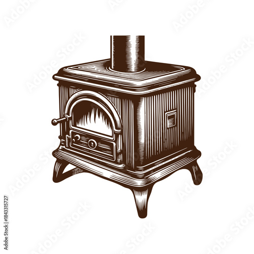 Vintage cast iron wood burning stove illustration engraving style