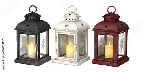 Realistic Christmas Lanterns, Black White Red Festive Candle Holders, Semi-Realistic Vector Illustration