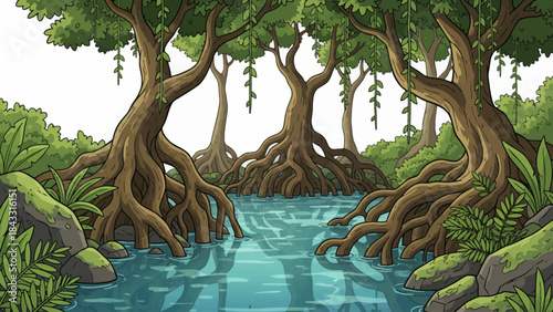 mangrove forest with twisted tree roots, shallow water reflections, dense vegetation, and a unique ecosystem connecting land and sea environments, white isolated sky
