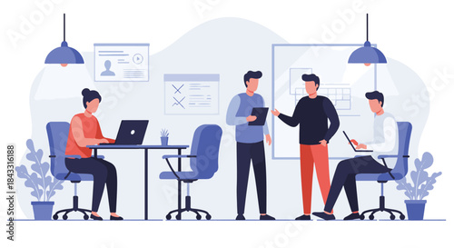 Business team working together in a modern office with laptops and presentations illustration