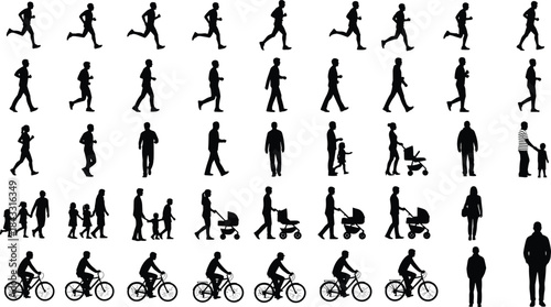 Human activity silhouettes, walking, running, cycling, parenting, vector clipart, black and white, everyday motion, stroller, child interaction, lifestyle