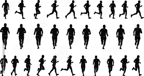 Running silhouettes, male and female, dynamic stride, vector clipart, black and white, athletic motion, side view, front, rear, pose