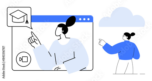 Online education, e-learning platforms, digital classrooms, virtual training, remote access, education technology. Woman pointing on screen with graduation cap icon and cloud design. Online education