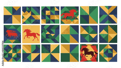 Geometric horse patterns abstract digital art with colorful shapes and equine motifs perfect for tex