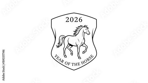 Year of the Horse 2026 emblem a classic illustration of a galloping horse within a shield perfect fo