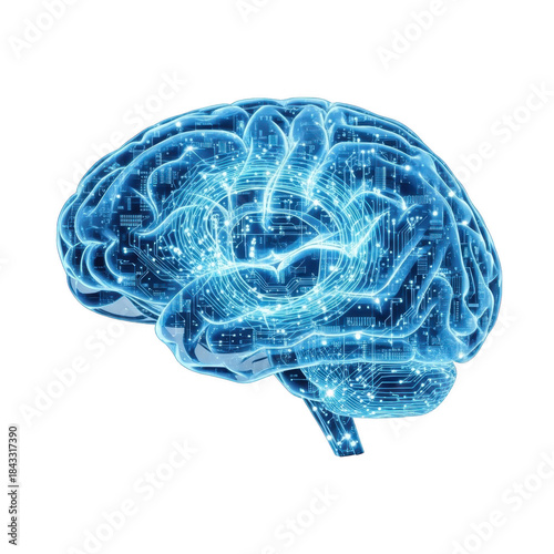 Abstract digital brain with glowing circuits isolated on transparent background