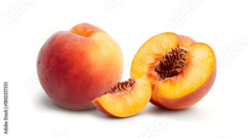Peach fruit whole one half and slice isolated
