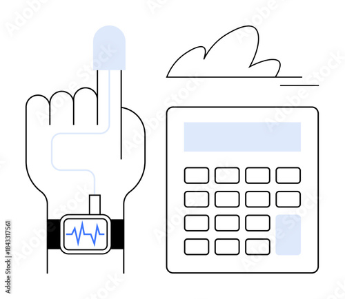 Fitness tracking, health monitoring, wearable technology, biometrics, innovation, digital health. Hand with smartwatch connected to a biometric device and display. Fitness tracking and health