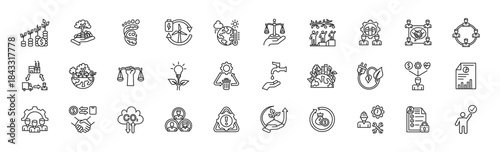 ESG Environmental, social, and governance in outline icon set. Contain sustainable finance, green investment, carbon footprint, renewable energy, climate action