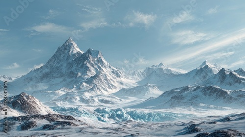 Snow-covered mountain peaks with icy glaciers and rocky terrain in a breathtaking winter landscape illustration on white background