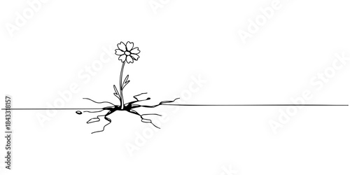 Continuous one line of a small flower grows through the cracked pavement, an artistic symbol of hope amidst despair. hand drawn vector illustration.