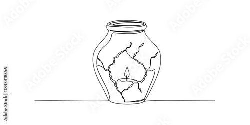 Continuous one line of a cracked jar with one glowing light escaping, elegant minimal fragile optimism symbolism art, hand drawn vector illustration.