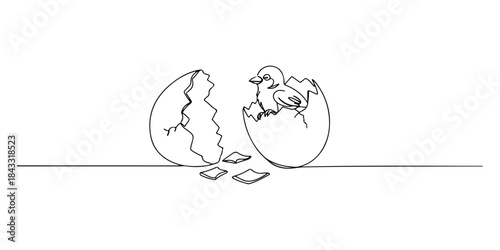Continuous one line of a cracked egg with a small bird emerging, symbolizing a new beginning amidst despair, hand drawn vector illustration.