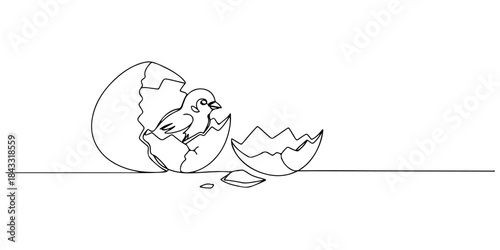 Continuous one line of a cracked egg with a small bird emerging, symbolizing a new beginning amidst despair, hand drawn vector illustration.